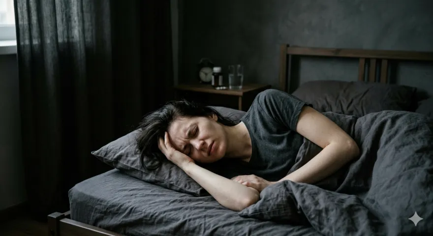 Woman lying in a dark bedroom during an attack